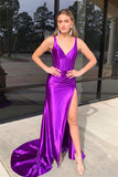 Lara | Gorgeous Grape Mermaid Satin V-Neck Long Prom Dress with Slit