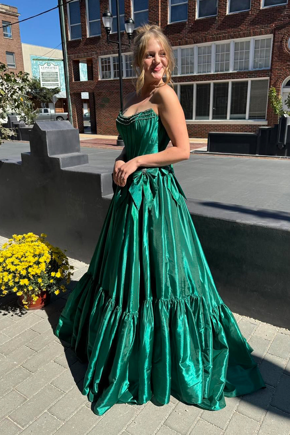 Cute A Line Strapless Dark Green Satin Prom Dresses