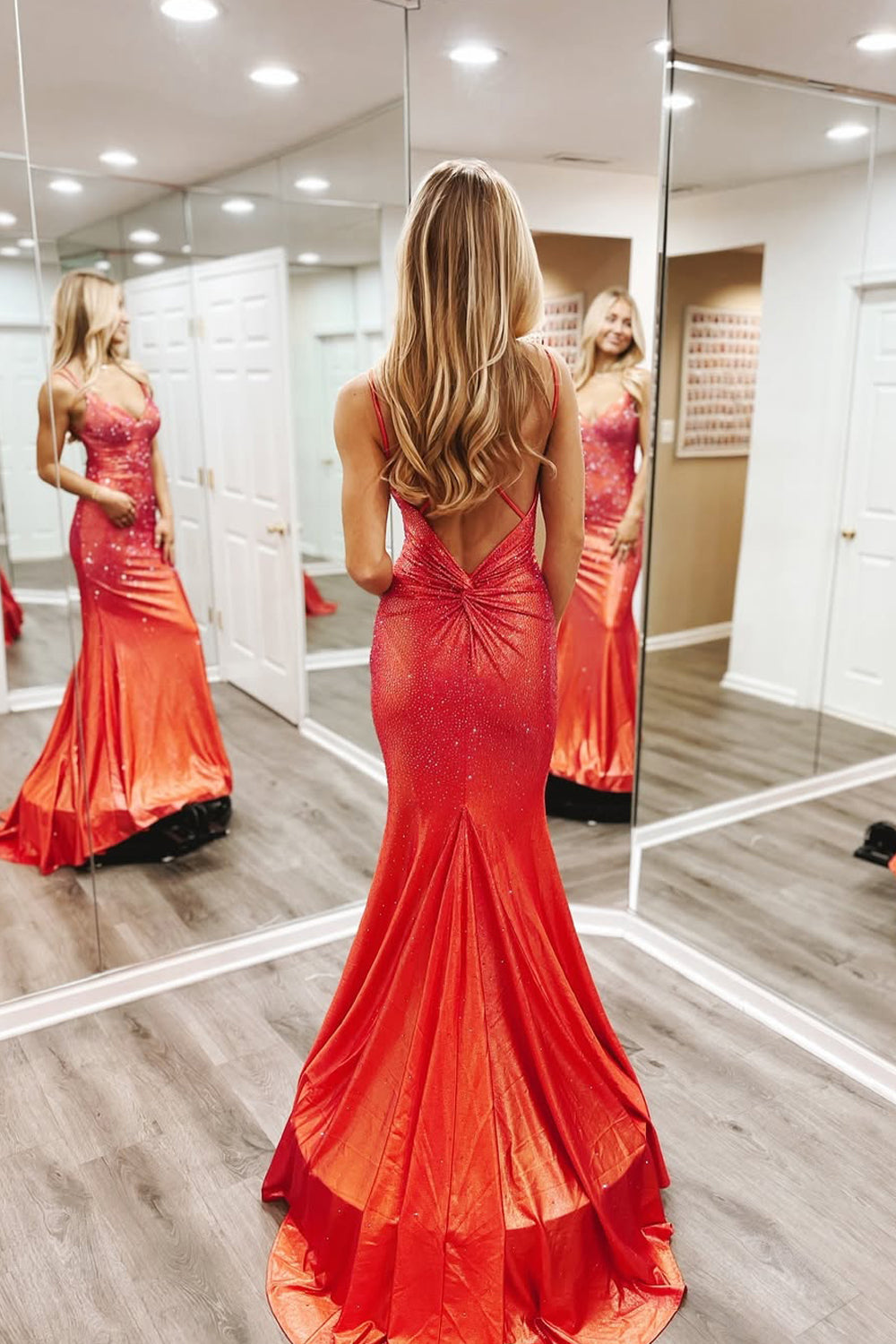 Glamorous Mermaid V-Neck Rust Red Prom Dress with Hot Stone Beading