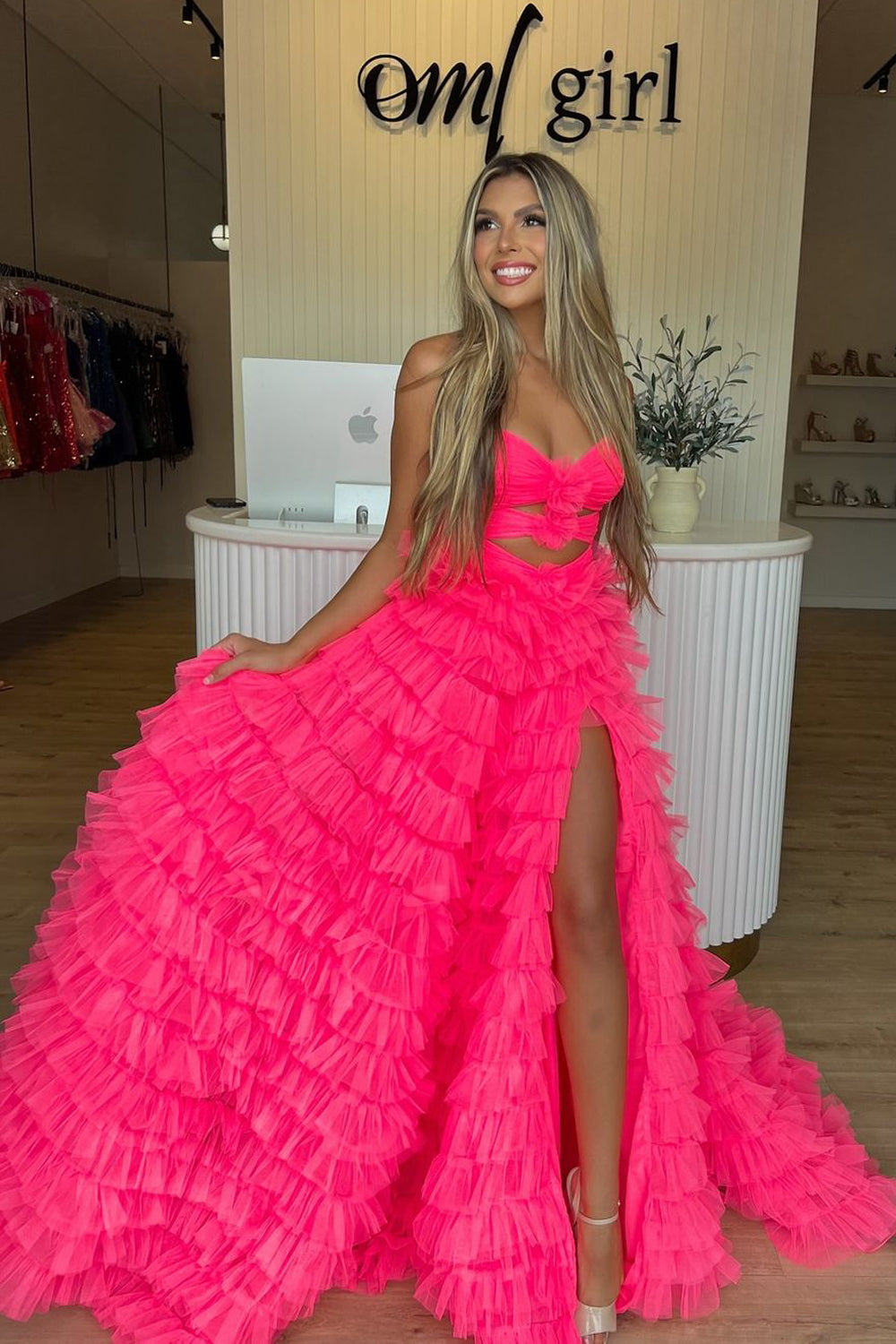 Isabella | Cute A-Line Sweetheart Pink Tulle Long Prom Dress with Slit