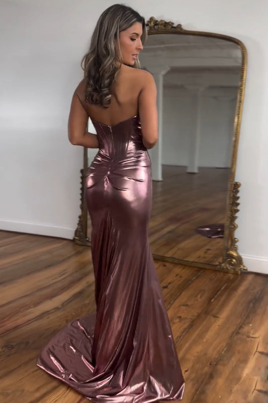 Evelyn | Sparkly Mermaid Sweetheart Satin Long Prom Dress with Slit