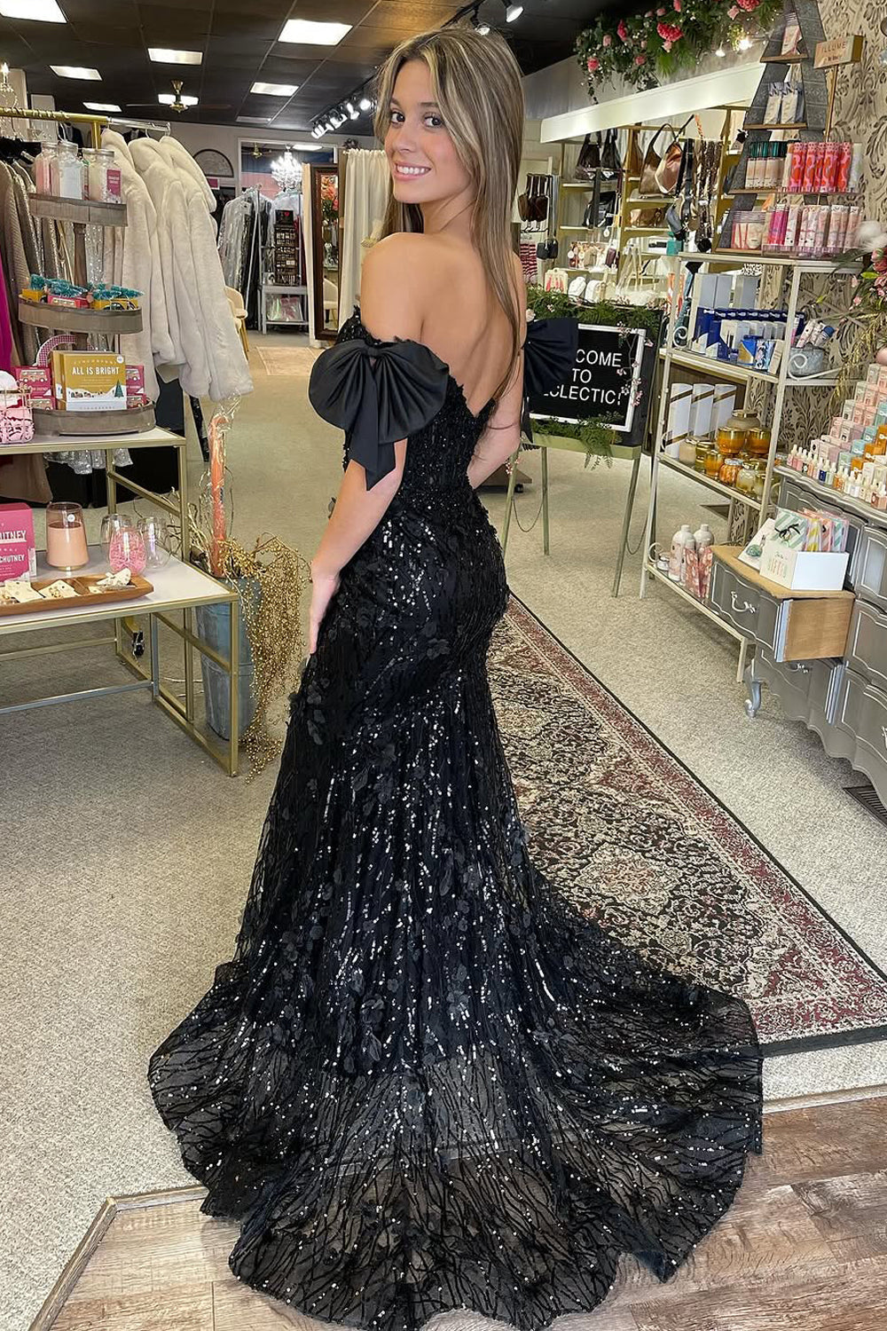 Jade | Cute Mermaid Off-the-Shoulder Black Sequin Long Prom Dress with Bow