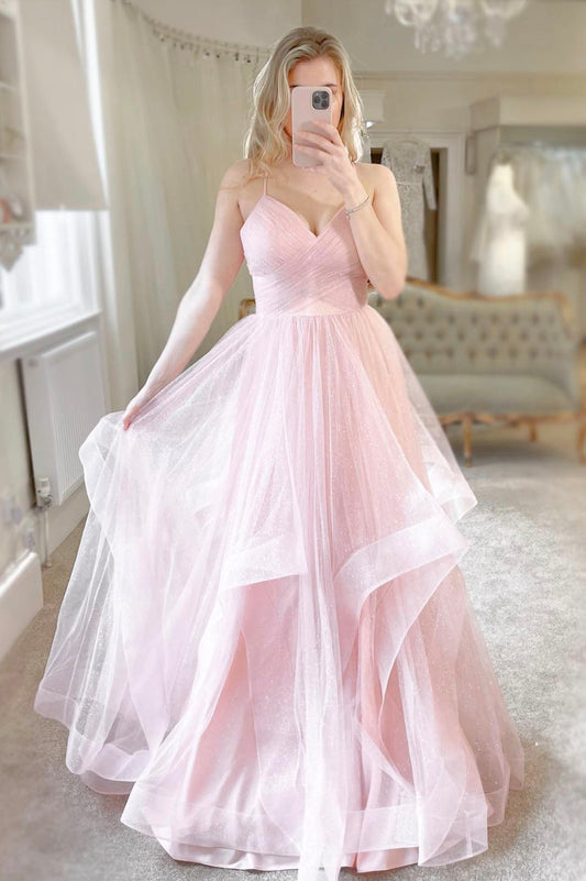 Erin | Pink Tulle Long A-Line Prom Dress with V-Neck