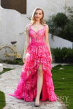 Zara | Glamorous Hot Pink A-Line Tiered Tulle Illusion Prom Dress with Slit and Appliques JB121212