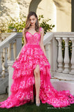 Zara | Glamorous Hot Pink A-Line Tiered Tulle Illusion Prom Dress with Slit and Appliques JB121212