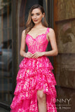 Zara | Glamorous Hot Pink A-Line Tiered Tulle Illusion Prom Dress with Slit and Appliques JB121212