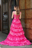 Zara | Glamorous Hot Pink A-Line Tiered Tulle Illusion Prom Dress with Slit and Appliques JB121212