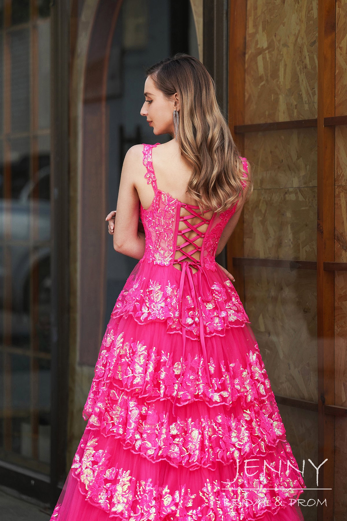 Zara | Glamorous Hot Pink A-Line Tiered Tulle Illusion Prom Dress with Slit and Appliques JB121212