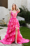 Zara | Glamorous Hot Pink A-Line Tiered Tulle Illusion Prom Dress with Slit and Appliques JB121212