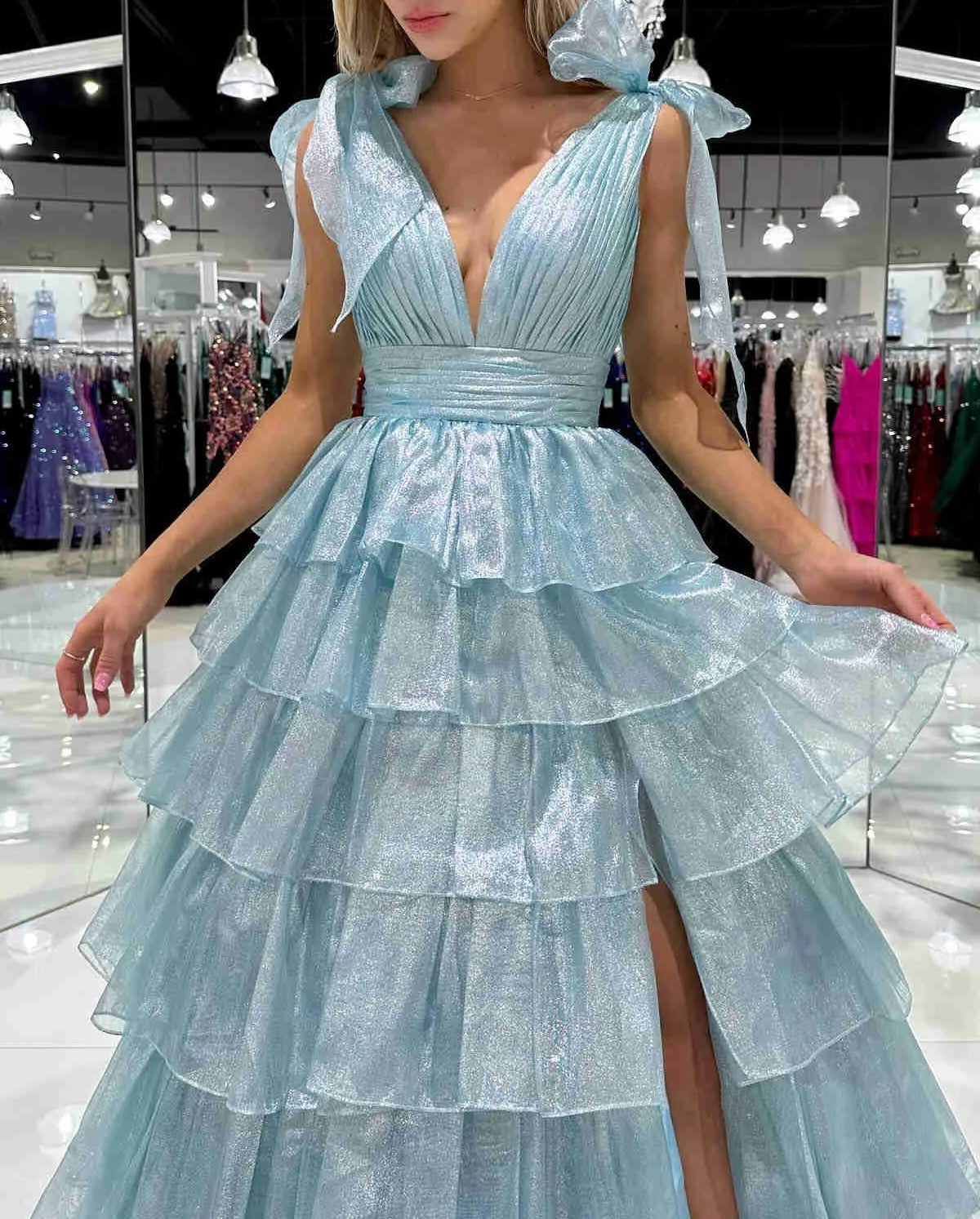 Cute Ball Gown V Neck Tie Straps Pink Tiered Organza Long Prom Dress