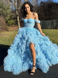 Kenia | A-Line Off-the-Shoulder Ruffled Tulle Prom Dress with Slit