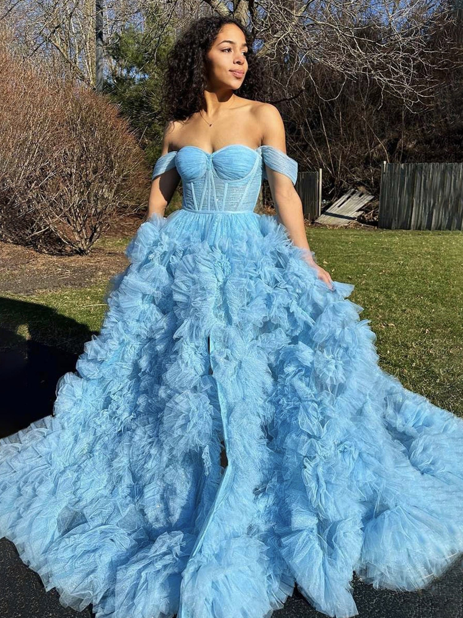 Kenia | A-Line Off-the-Shoulder Ruffled Tulle Prom Dress with Slit