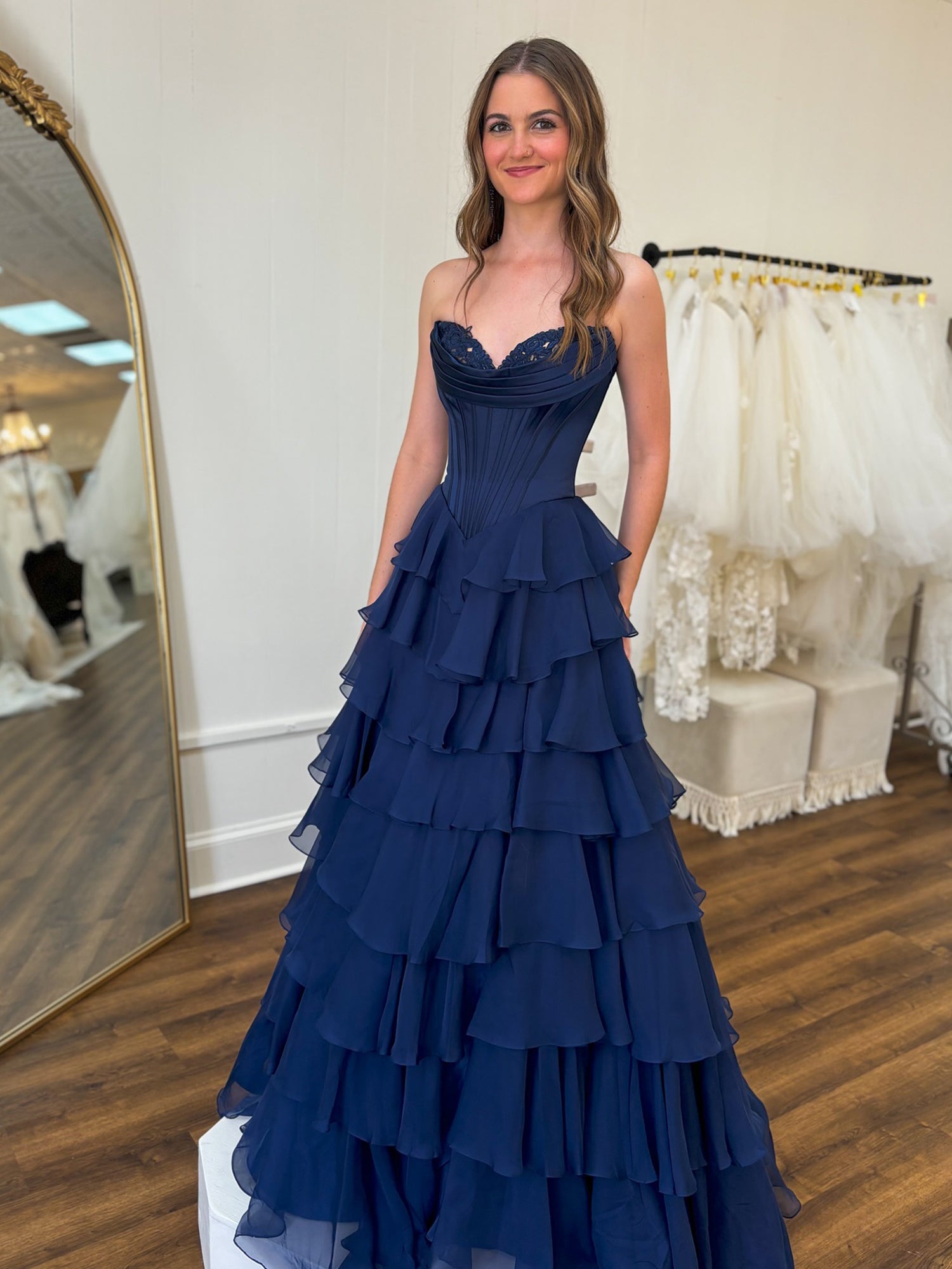 Dreamy A-Line Sweetheart Blue Tiered Princess Long Prom Dress