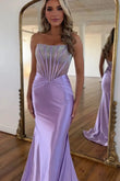 Elegant Mermaid Scoop Neck Lavender Satin Prom Dress with Beading