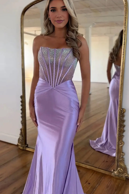 Elegant Mermaid Scoop Neck Lavender Satin Prom Dress with Beading