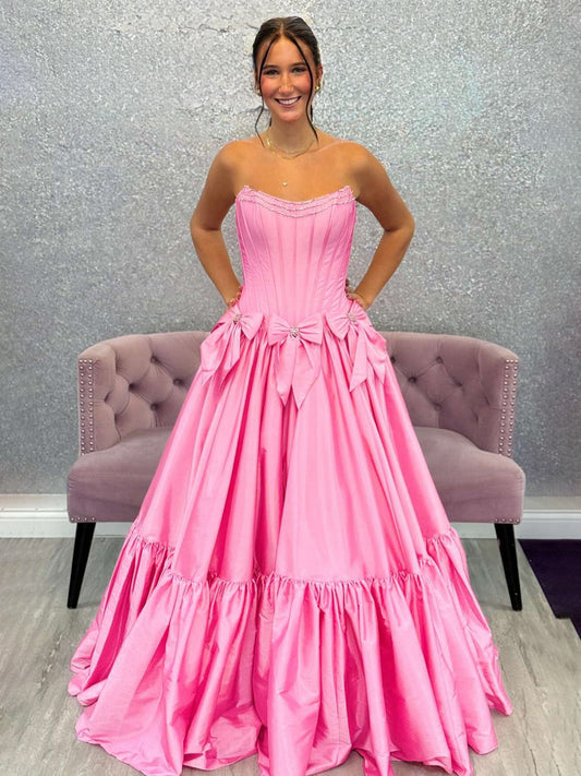 Cute Ball Gown Scoop Neck Taffeta Pink Long Prom Dresses with Bow