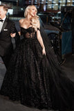 A-Line Black Gothic Wedding Dresses with Sequin Lace Appliques