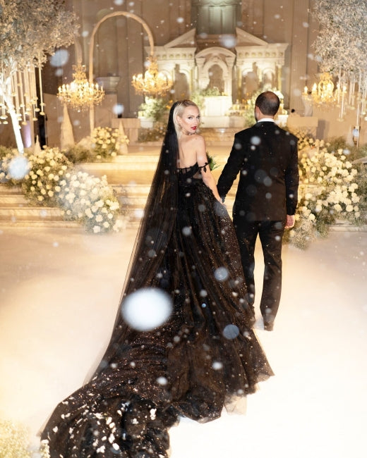 A-Line Black Gothic Wedding Dresses with Sequin Lace Appliques