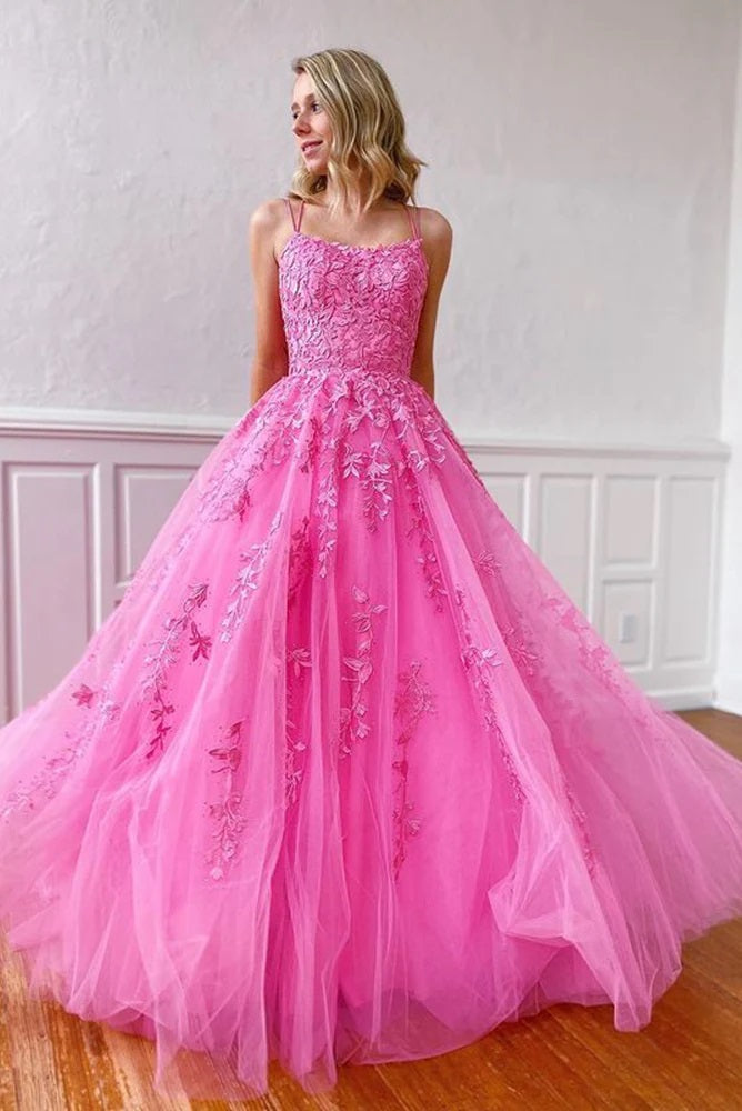 Charming Sweet Ball Gown Scoop Neck Hot Pink Tulle Prom Dress with Appliques