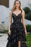 Lila | Elegant Black A-Line Tiered Tulle Sweetheart Neck Prom Dress with Slit and Appliques JB121213