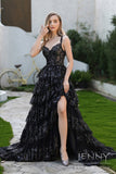 Lila | Elegant Black A-Line Tiered Tulle Sweetheart Neck Prom Dress with Slit and Appliques JB121213