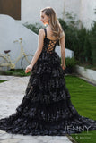 Lila | Elegant Black A-Line Tiered Tulle Sweetheart Neck Prom Dress with Slit and Appliques JB121213