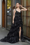 Lila | Elegant Black A-Line Tiered Tulle Sweetheart Neck Prom Dress with Slit and Appliques JB121213