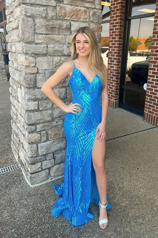 Unique V-Neck Blue Sequins Mermaid Long Prom Dress with Slit