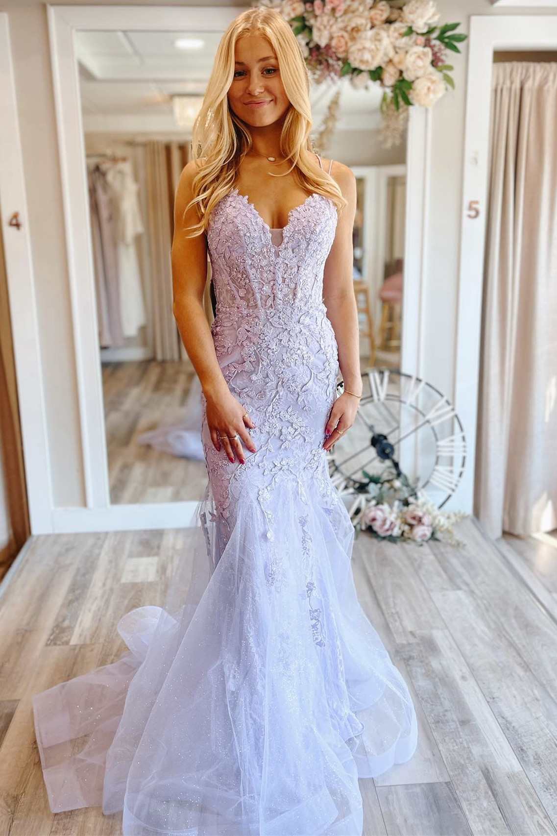 Leighton | V-Neck Lace Glitter Tulle Mermaid Prom Dress