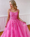 Charming Sweet Ball Gown Scoop Neck Hot Pink Tulle Prom Dress with Appliques