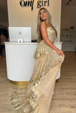 Charming Mermaid Sweetheart Gold Sequins Lace Prom Dresses with Slit