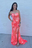 Aurelia | Cute Mermaid Coral Lace Sequins Long Prom Dress with Slit