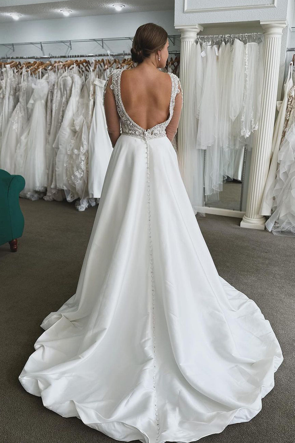 Elysia | Ball Gown A-Line V-Neck Satin Long Wedding Dress with Long Sleeves