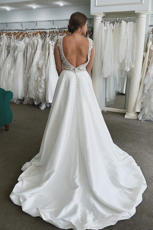 Elysia | Ball Gown A-Line V-Neck Satin Long Wedding Dress with Long Sleeves