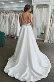 Elysia | Ball Gown A-Line V-Neck Satin Long Wedding Dress with Long Sleeves