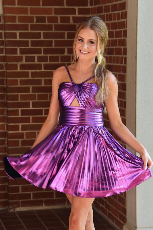 Charming A-Line Straps Purple Sparkly Satin Short Homecoming Dress