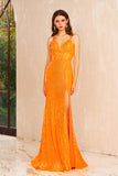 Selene | Elegant Orange Mermaid Satin Spaghetti Straps Sweetheart Neck Prom Dress with Slit JB120605