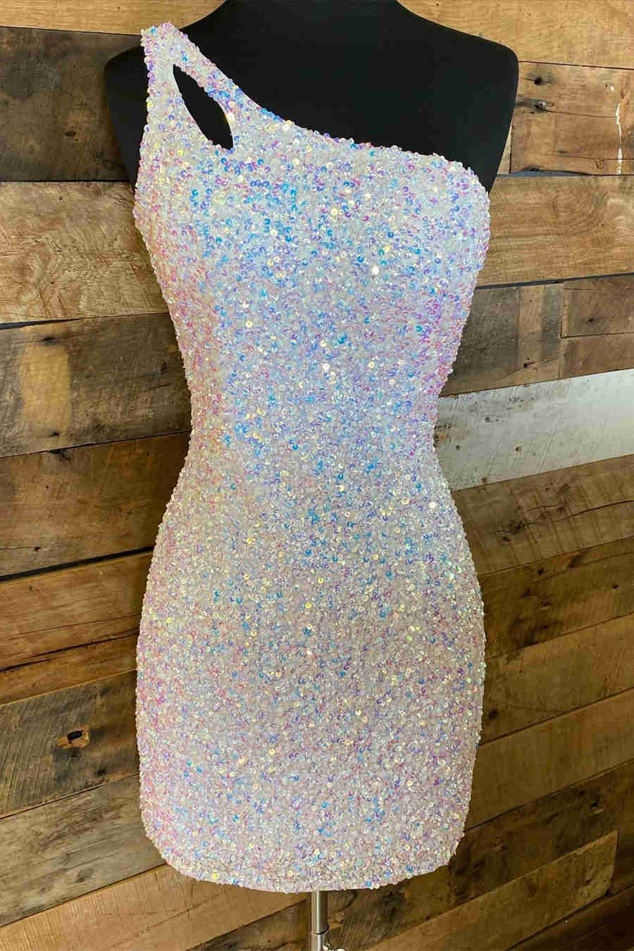 Magdalene | One-Shoulder Sparkly Sequins Bodycon Short Homecoming Dress with Keyhole