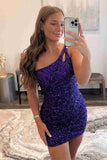 Magdalene | One-Shoulder Sparkly Sequins Bodycon Short Homecoming Dress with Keyhole