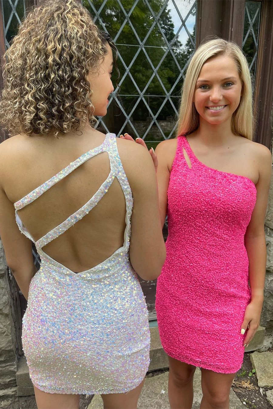 Magdalene | One-Shoulder Sparkly Sequins Bodycon Short Homecoming Dress with Keyhole