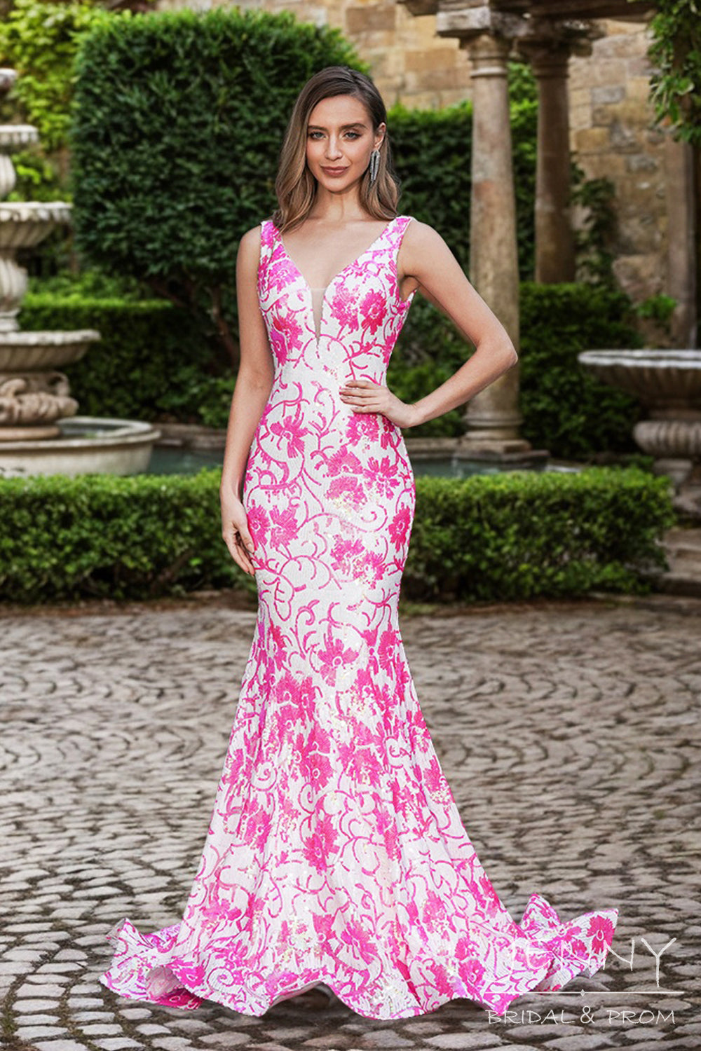 Auna | Romantic Pink and White Mermaid Sequin Print V-Neck Prom Dress with Slit JB24122803