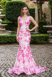 Auna | Romantic Pink and White Mermaid Sequin Print V-Neck Prom Dress with Slit JB24122803