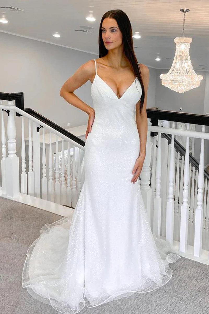 Sparkly V-Neck Mermaid White Wedding Dress with Sequins