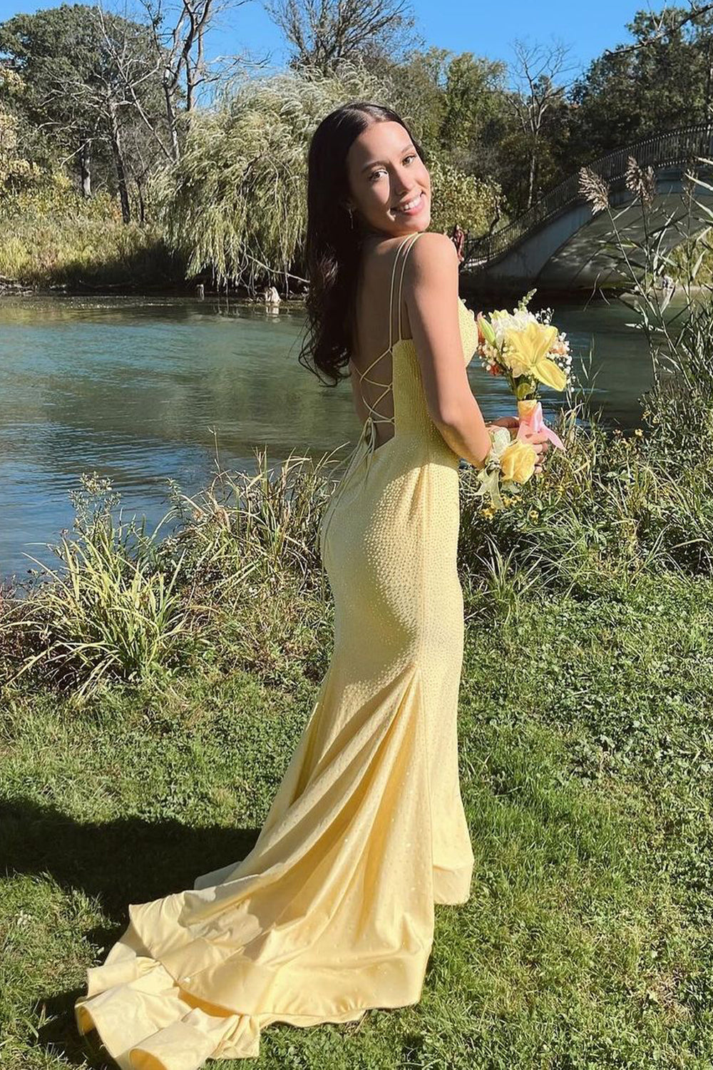 Daphne | Charming Mermaid V-Neck Daffodil Satin Long Prom Dress with Beading