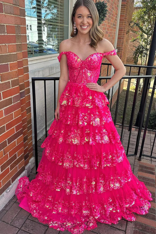 Aurora | Elegant Pink A-Line Off-the-Shoulder Sequins Prom Dress with Pleated Skirt JB120318