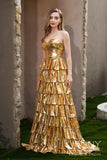 Seraphina | Romantic Gold A-Line Satin Sweetheart Neck Prom Dress with Tiered Layers JB121217