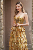 Seraphina | Romantic Gold A-Line Satin Sweetheart Neck Prom Dress with Tiered Layers JB121217