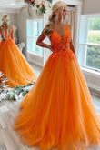 Marigold | Elegant A-Line V-Neck Tulle Prom Dress with Floral Appliques