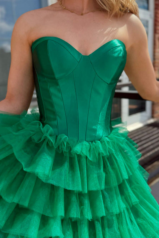 Green A-Line Sweetheart Neck Tulle Tiered Long Prom Dress with Slit