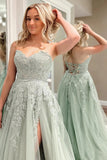 Beulah | Sage Green Lace Sweetheart Neckline A-Line Tulle Prom Dress